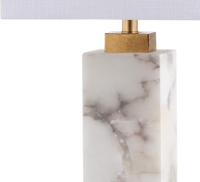 JONATHAN Y 27.5" White/Gold Modern Alabaster LED Table Lamp for Home Decor, White Linen Shade, Coastal Nightstand Lamp with Built-in Base Accent Light JYL6201A