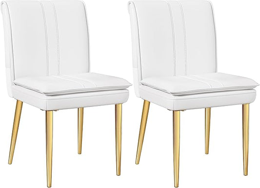VECELO Upholstered PU Dining Chairs Set of 2, Kitchen Chairs with Padded Seat for Living Room, Dining Room, High Back and Steel Legs, Easy Assembly, White