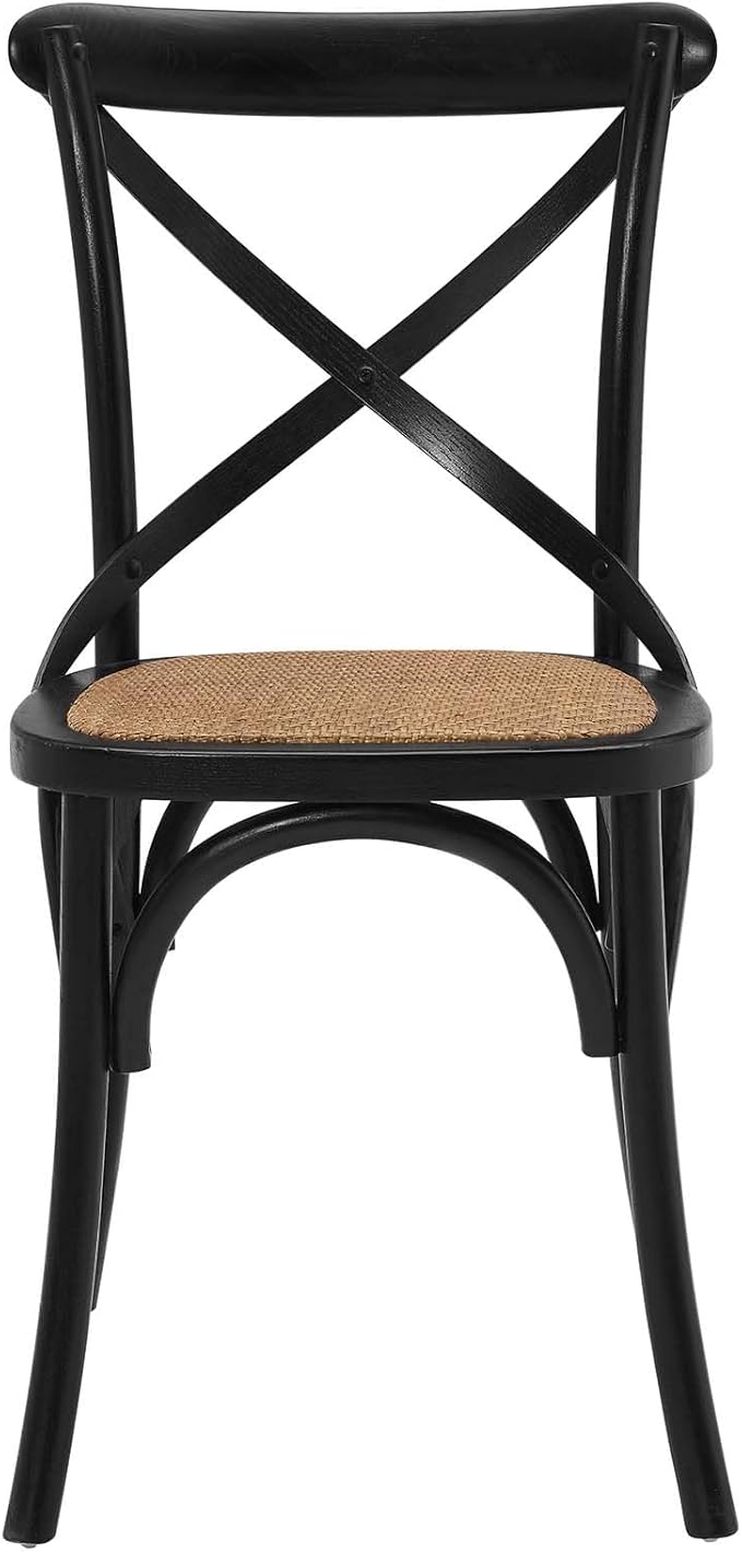 Modway Gear Rustic Modern Farmhouse Elm Wood Rattan Four Dining Chairs in Black