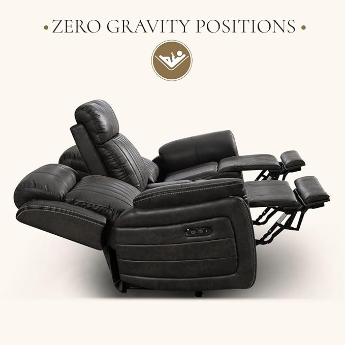Zero Gravity Power Reclining Sofa with Adjustable Headrest, Electric Reclining Couch with USB & Type-C Ports, Power Loveseat Recliner Sofa for Living Room (Charcoal, 3 Seater Sofa)