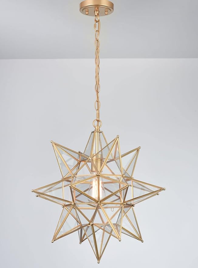 DIRYZON 20 Inch Gold Large Moravian Star Pendant Light Mid Century Clear Glass Hanging Pendant Light for Kitchen Bedroom Porch