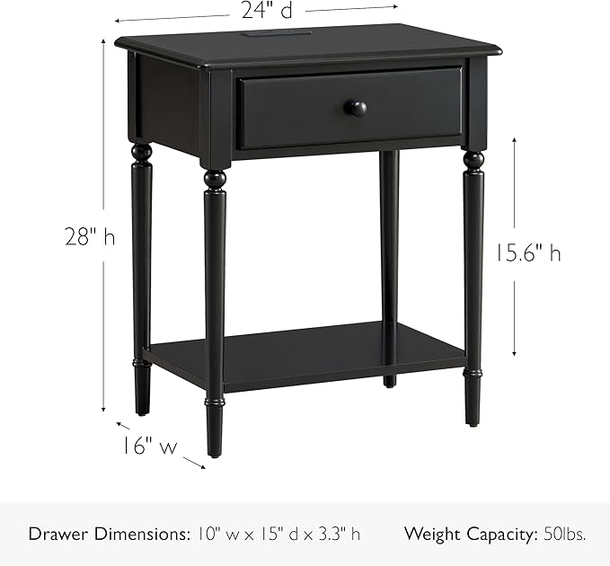 Leick Home Coastal End Table, Solid Wood, USB-C Charging Station, 1 Storage Drawer, Bottom Shelf, Easy-Assembly, For Bedroom/Living Room, Black Swan, 15.8 in. L x 24.0 in. W x 28.1 in. H, 20022-BK