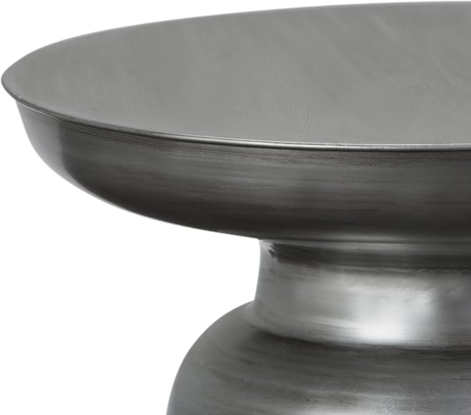 SIMPLIHOME Toby Metal Table - 17" Wide x 18" High Solid Iron Drum Accent Table in Silver, Industrial Side or End Table for Living Room, Bedroom or Entryway with Sculptural Design, Assembled