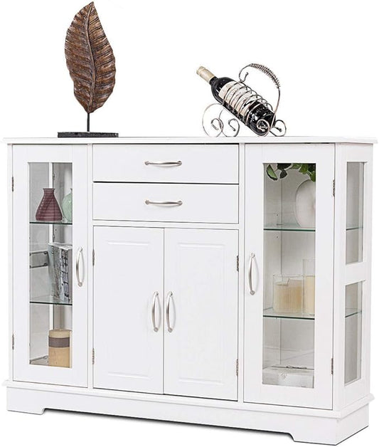 DORTALA Buffet Sideboard, Kitchen Server Cabinet w/ 2 Drawers, Glass Display Cabinet w/Adjustable Glass Shelves, Multifunctional Sideboard Console Table for Kitchen, Living Room, Dining Room, White