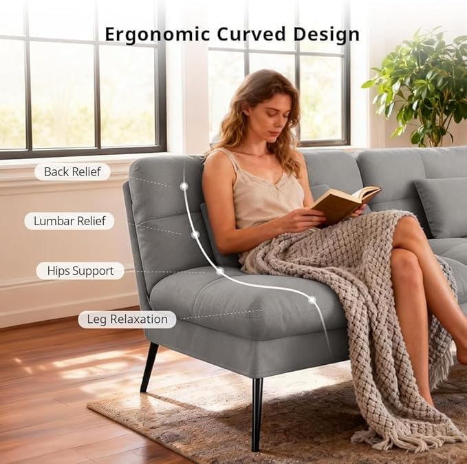 COMHOMA Convertible Futon Sofa Bed, 72″Fabric Futons Couch with Adjustable Backrest, Folding Sleeper Recliner for Living Room Furniture (Grey)