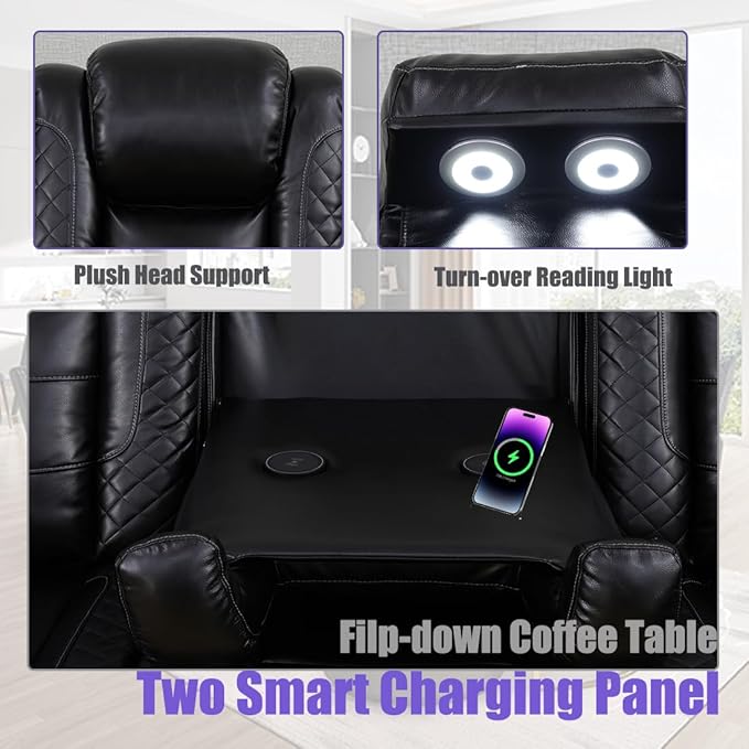 Power Recliner Sectional Sofa for Living Room, Leather Black Power Sectional Sofa with LED, Recliner Couch Sets with Read Lights, USB Charging, Cup Holders, Hidden Storage for Office/Home