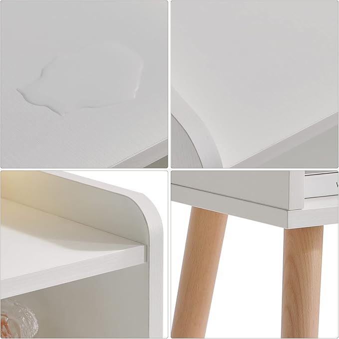 IBUYKE Nightstand, Mid-Century Modern Bedside Table with Solid Wood Legs, Minimalist and Practical End Side Table with Open Storage Shelf, Easy Assembly, White UWNS003W