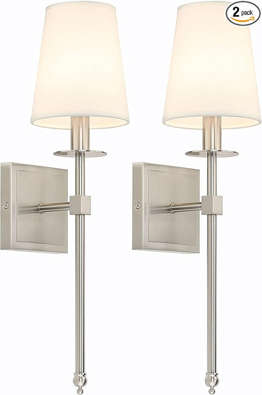 XiNBEi Lighting Bedroom Wall Lamps Set of 2, Modern Bedside Wall Sconce Light with Flared Fabric Shade 1 Light Wall Light Fixture Brushed Nickel Finish for Vanity Bathroom & Living Room