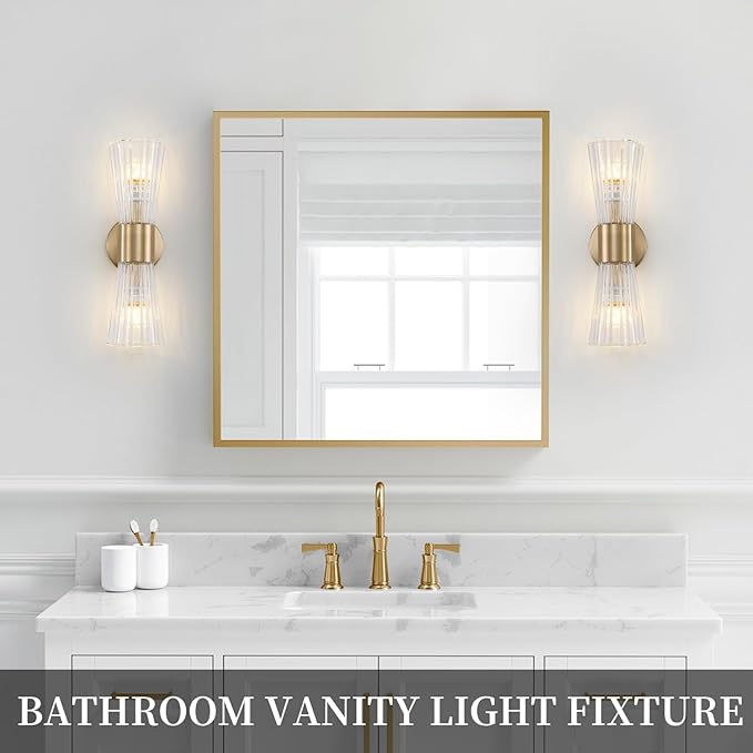 Mid-Century Modern Wall Lights with Crystal Glass Shade, 2-Light Glass Bathroom Vanitys Lights Gold Wall Sconces, Indoor Up Down Wall Mounted Lamps for Living Bedroom Hallway Hardwired