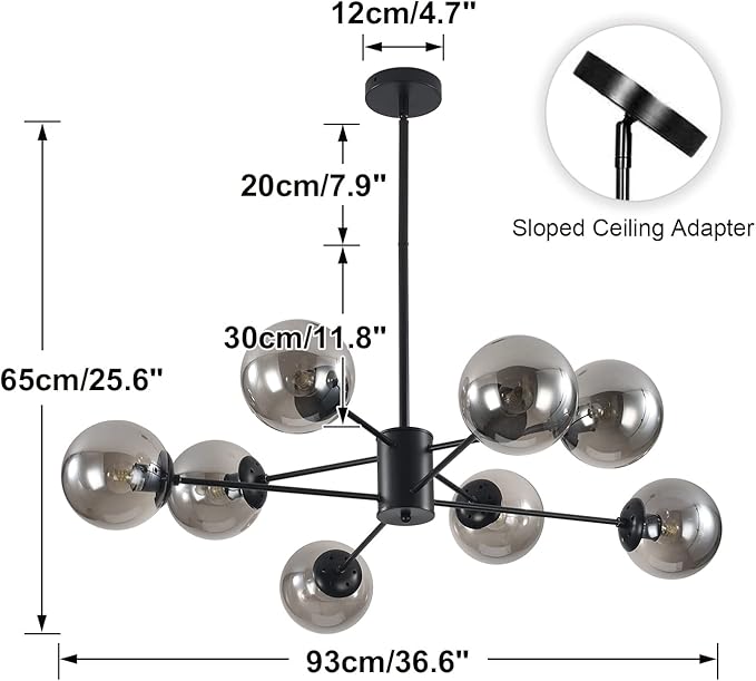 KCO Lighting Modern Glass Globe Sputnik Chandelier 8-Light Mid Century Black Sputnik Chandelier Pendant Light Fixture Farmhouse Industrial Chandelier Light Fixture (Black+Smoke Grey)