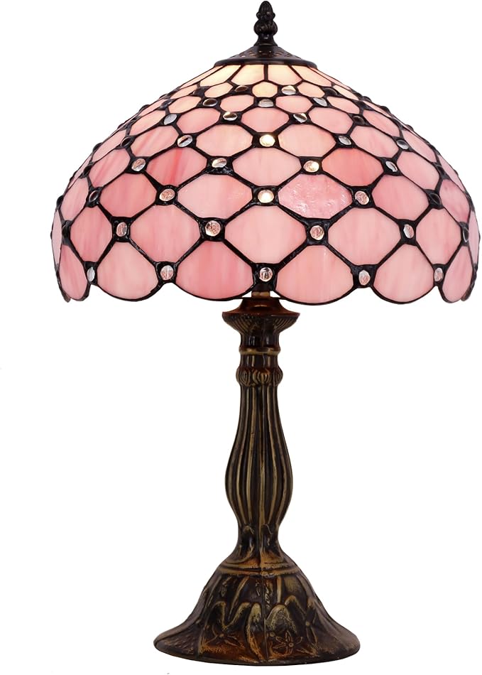 WERFACTORY Tiffany Lamp Pink Stained Glass Bead Table Lamp Desk Bedside Reading Light 12X12X18 Inches Deco Bedroom Living Room Home Office S005 Series