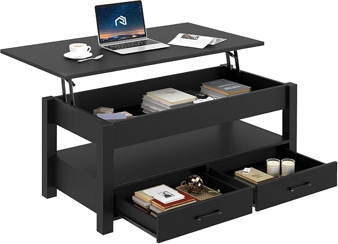 Rolanstar Coffee Table, 47.2" Lift Top Coffee Table with Drawers and Hidden Compartment, Retro Central Table with Wooden Lift Tabletop, for Living Room,Black