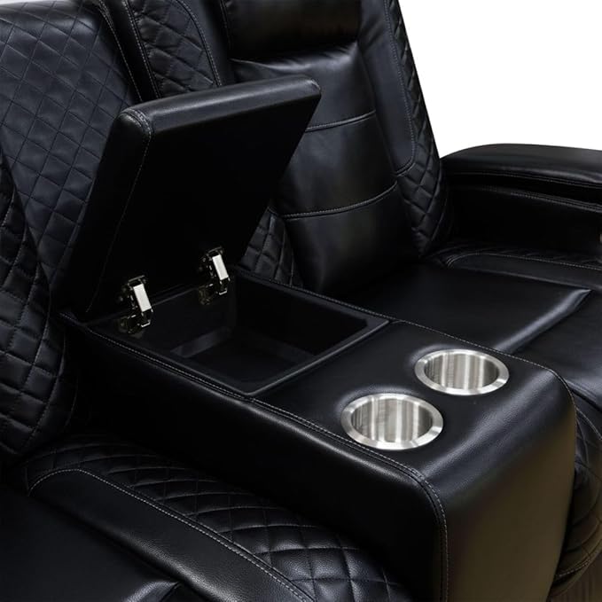 Leather Power Recliner Sofa Set with LED, Living Room Furniture Set, Leather Sofa Set with USB Port Storage Console Cup Holder for Office Living Room Home (All-Black Upgraded Version 8 Cup Holders)