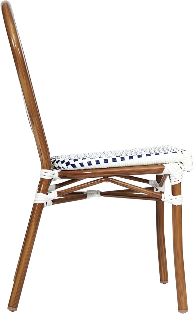 Flash Furniture Lourdes Indoor/Outdoor Commercial Thonet Bistro Stack Chair - White/Navy PE Rattan Back and Seat - Natural Bamboo Print Metal Frame