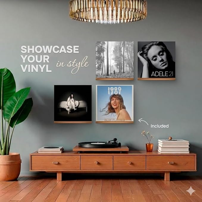 VOL-KI 4-Pack Vinyl Record Shelf Wall Mount – Solid NZ Pine Wood Floating Vinyl Display Shelf & Record Holder, Includes Now Playing Display, Marking Strip & Mini Level (Brown Pine)