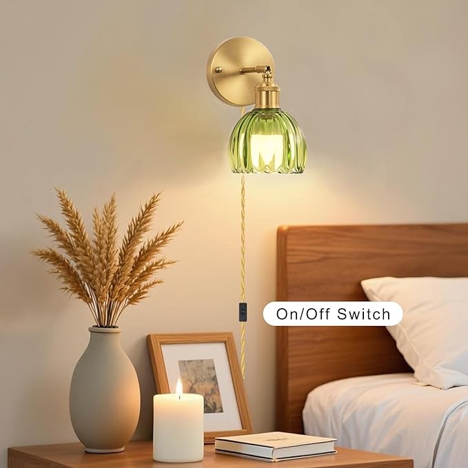 Glass Plug in Wall Sconces Set of 2, Vintage Wall Lamp with Plug in Cord Green Tulip Shade Decor Indoor, Gold Wall Light for Bedroom Bedside Kids Living Room Bathroom