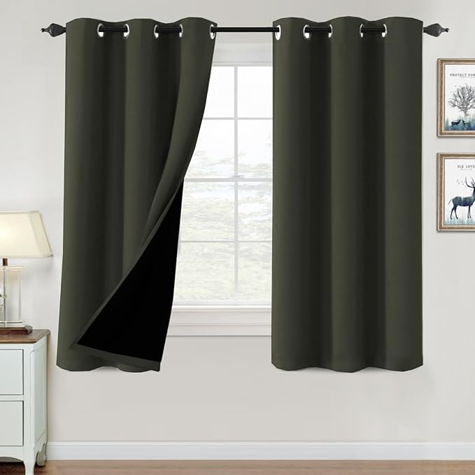 H.VERSAILTEX 100% Blackout Curtains for Bedroom Thermal Insulated Blackout Curtains Heat and Full Light Blocking Curtains for Living Room with Black Liner 2 Panels Set, 42 x 63 Inch, Olive