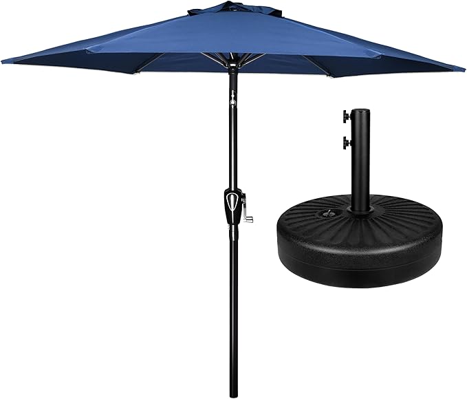 Simple Deluxe 7.5' Patio Umbrella with 20 Inch 50lbs Capacity Fillable Round Base, 6 Sturdy Ribs with Push Button Tilt/Crank for Garden, Deck, Backyard, Pool, Blue and Black