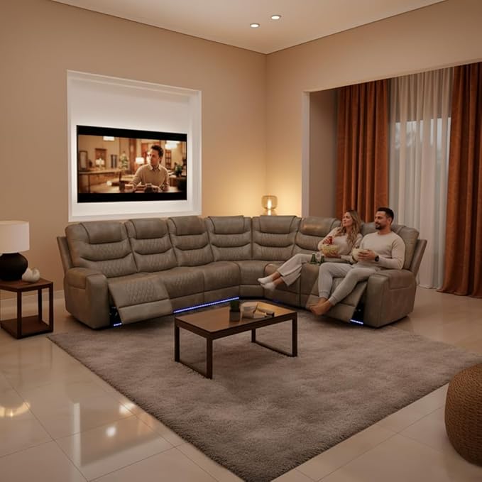 Power Reclining Sofa Set with LED Light, Living Room Furiture Set,Leather Reclining Sectional Couch with USB Port/Cup Holder for Living Room Home Office