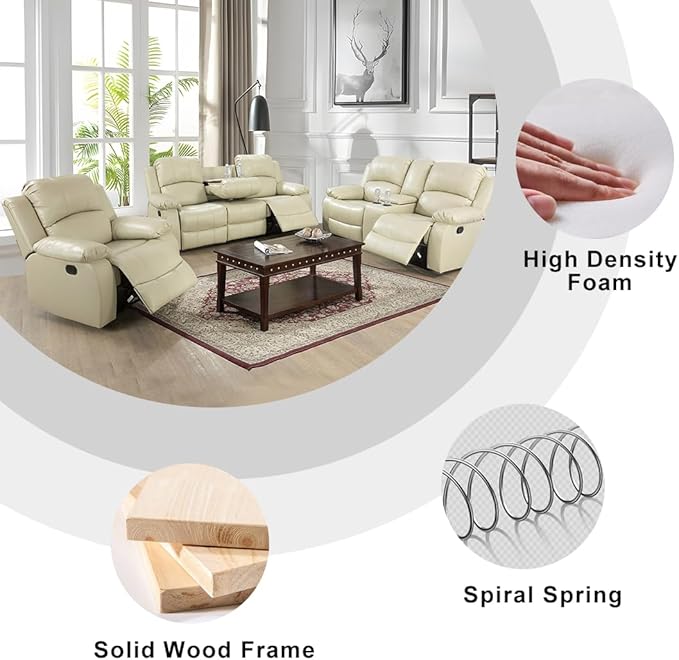Bonded Leather Recliner Chair Manual Recliner Single Chair Contempary Home Theater Seating Living Room Furniture Wall Hugger with Armrest/Lumbar Support for Home/Office/Rv Car (Beige, Chair)