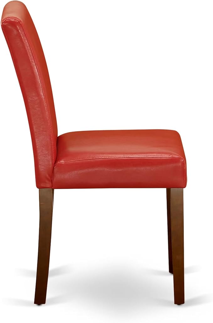 East West Furniture ANAB5-MAH-72 5 Piece Dining Table Set Includes a Round Dining Room Table with Pedestal and 4 Firebrick Red Faux Leather Parsons Chairs, 36x36 Inch, Mahogany