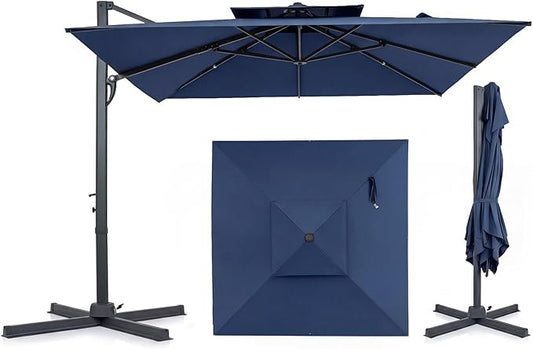 Tangkula 10 FT Patio Cantilever Umbrella, Large Square Offset Hanging Umbrella w/ 360° Rotation, 8 Sturdy Ribs, Air Vent & Cross Base, Heavy-Duty Outdoor Sun Shade for Backyard Pool Garden Deck, Navy Blue