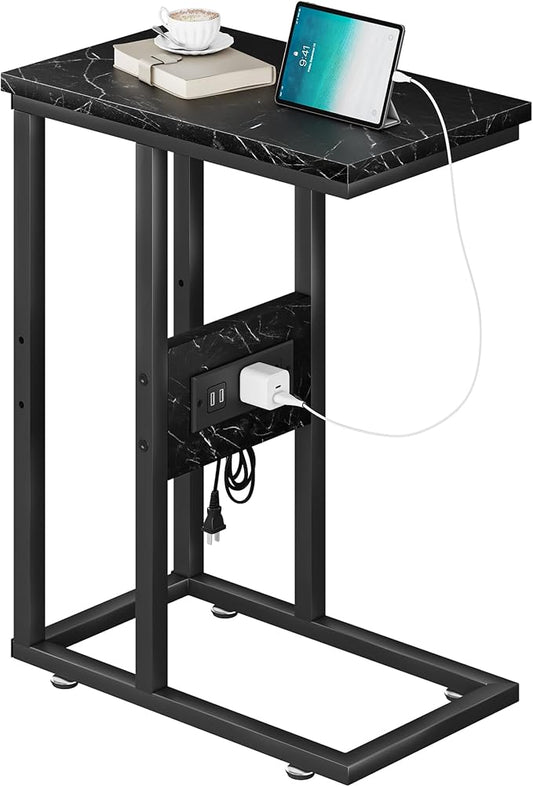 VECELO C Shaped End Table with Charging Station & Power Outlets, Quick Access Side Table for Sofa, C Bedside for Living Room Bedroom 1 Set,Black Marble