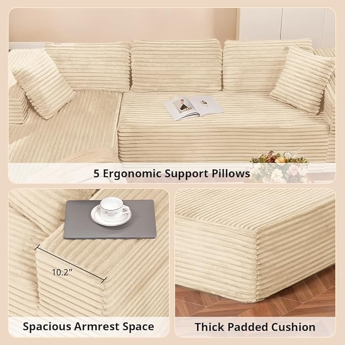 COMHOMA 105”Modular Sectional Sofa with Deep Seat,Cloud Upholstered L-Shape Couch Wide Arms Corduroy Fabric High-Density Foam Chaise Lounge for Living Room No Assembly Required