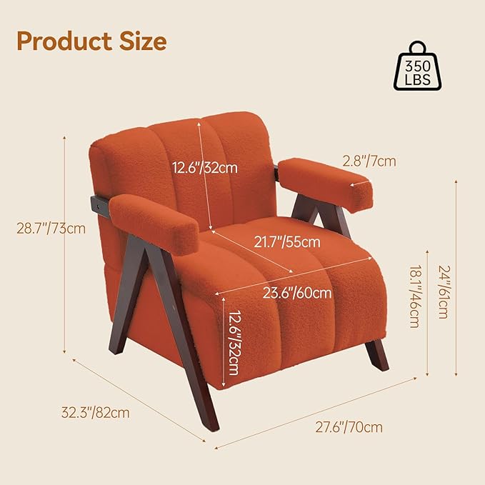 Accent Chairs Set of 2 Mid-Century Modern with Wide Backrest for Bedroom, Upholstered Living Room Chair with Wooden, Lounge Armchair with Thick Cushion, Cute Teddy Comfy Chair, Orange
