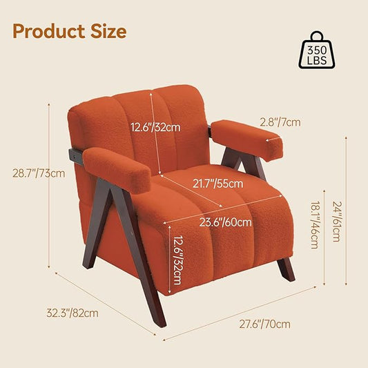 Accent Chairs Set of 2 Mid-Century Modern with Wide Backrest for Bedroom, Upholstered Living Room Chair with Wooden, Lounge Armchair with Thick Cushion, Cute Teddy Comfy Chair, Orange