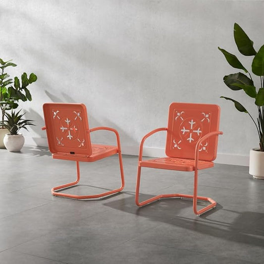 Crosley Furniture Azalea 2-Piece Outdoor Chair Set, Vintage Retro Metal Patio Chairs for Dining, Porch, Deck, Coral Gloss