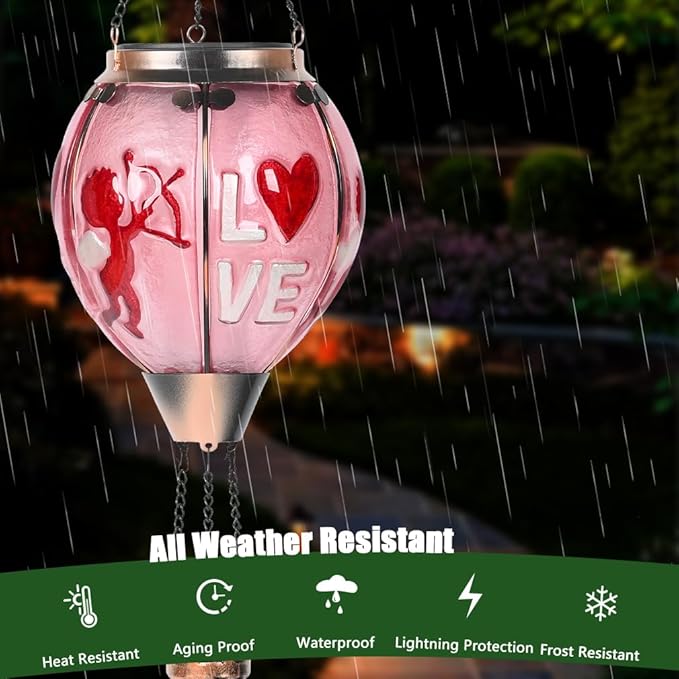 Hot Air Balloon Solar Lantern - Valentine's Day Glass Lantern, Simulated Flickering Dancing Flame, Outdoor Hanging Sunflower Yard Light Waterproof IP65 for Valentines Gift