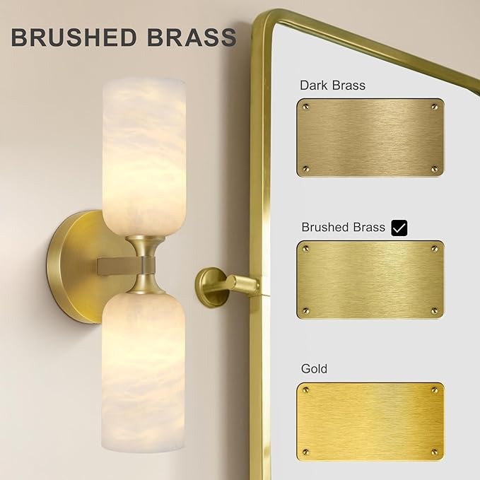 Alabaster Wall Sconces, 14" Modern Spanish Natural Marble Vanity Light, Dimmable Hardwired Brass Gold Wall Sconce Lighting for Bathroom Mirror, Bedroom, Living Room, Luxury Natural Stone Wall Fixtures