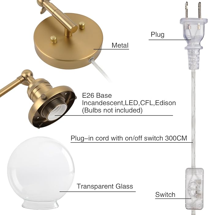 PERMO Plug in Wall Sconce Swing Arm Wall Lamp Industrial Sconce with 5.9" Glass Globe Shade Antique Gold Sconce for Bedroom, Living Room, Office