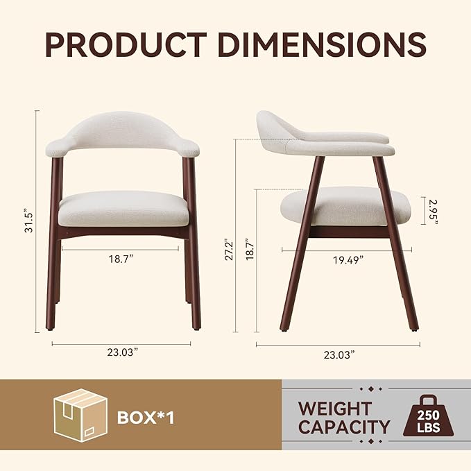 Wooden Dining Chair with Armrest Set of 2, Modern Fabric Upholstered Dining Room Chair with Curved Back and Wood Legs,Comfortable Accent Chairs for Kitchen Dining Room,Beige