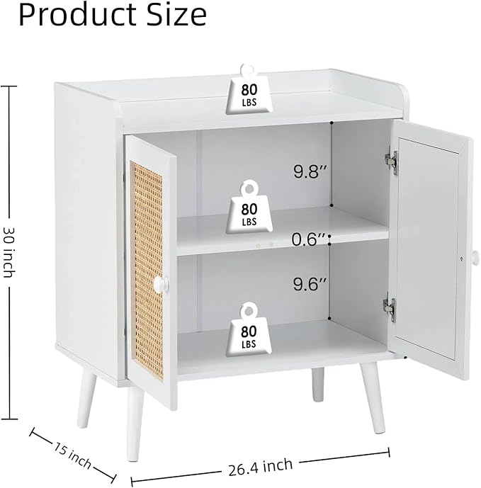FONTOI Buffet Cabinet, Rattan Storage Cabinet with Round Pull Rings, Sideboard with Ample Storage, Bar Liquor Shelf with 2 Doors for Living Room, Hallway, White