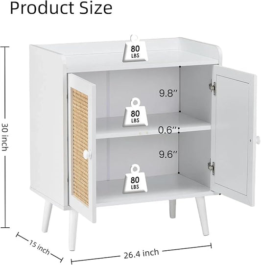 FONTOI Buffet Cabinet, Rattan Storage Cabinet with Round Pull Rings, Sideboard with Ample Storage, Bar Liquor Shelf with 2 Doors for Living Room, Hallway, White