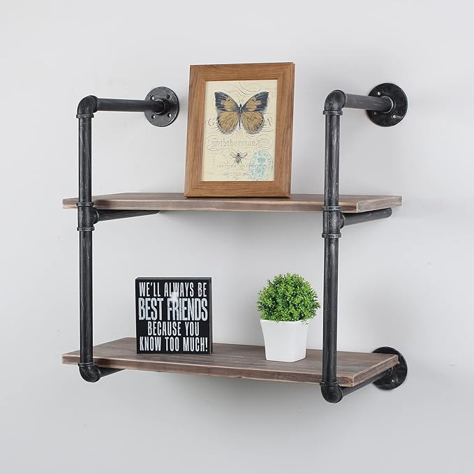 MBQQ Industrial Pipe Shelving Wall Mounted,24in Rustic Metal Floating Shelves,Steampunk Real Wood Book Shelves,Wall Shelf Unit Bookshelf Hanging Wall Shelves,Farmhouse Kitchen Bar Shelving(2 Tier)