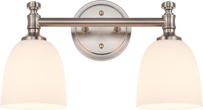 Bathroom Light Fixtures, Brushed Nickel 2-Light Bathroom Vanity Light Fixtures Over Mirror, Vintage Vanity Lights for Bathroom Living Room, Milk White Glass Shades , Standard E26 Base, Brushed Nickel