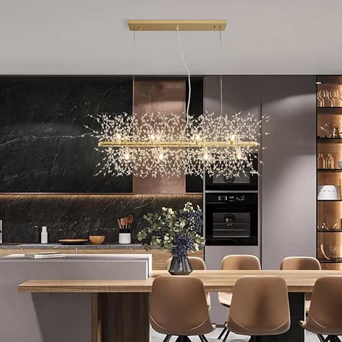 Modern Crystal Firework Chandelier, Linear Lighting Fixtures Hanging, Gold Dandelion Chandelier LED Pendant Lighting for Dining Room, Bedroom, Living Room (12-Light, 35.5")
