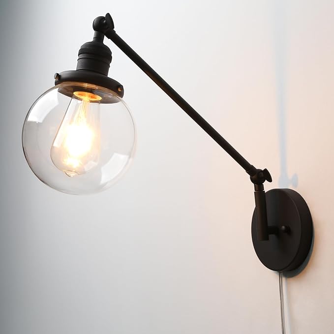 PERMO Industrial Wall Sconce Plug in Sconce Swing Arm Wall Light Fixture with 5.9" Glass Globe Shade for Bedroom, Living Room Office (Matte Black)