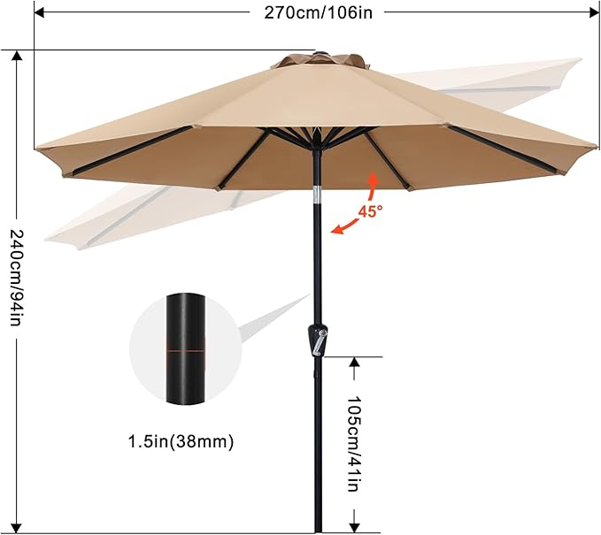 ABCCANOPY 9FT Outdoor Patio Umbrella, 8 Ribs Table Umbrella w/Crank for Easy Set Up, Suitable for Garden, Lawn, Deck & Backyard (Dark Gray)