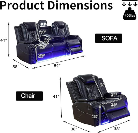 Power Leather Recliner Sofa Set with LED Light,Reclining Sofa and Chair Set with Coffee Table/USB Charger/Storage,Leather Couch for Living Room Furniture Sets(3+1 Seats,Black)