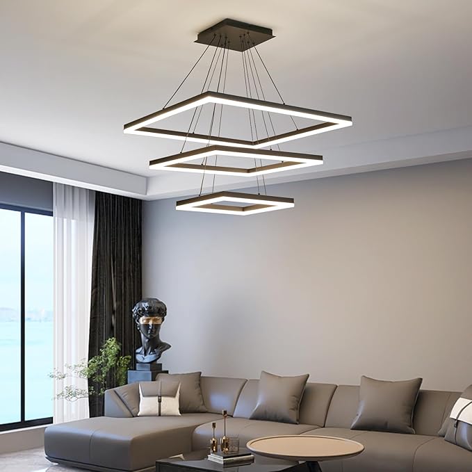 Modern LED Chandelier, Black Square Chandelier, 3 Rings Ceiling Pendant Light with Remote Control, Modern Chandelier Lighting for Bedrooms Dining Rooms