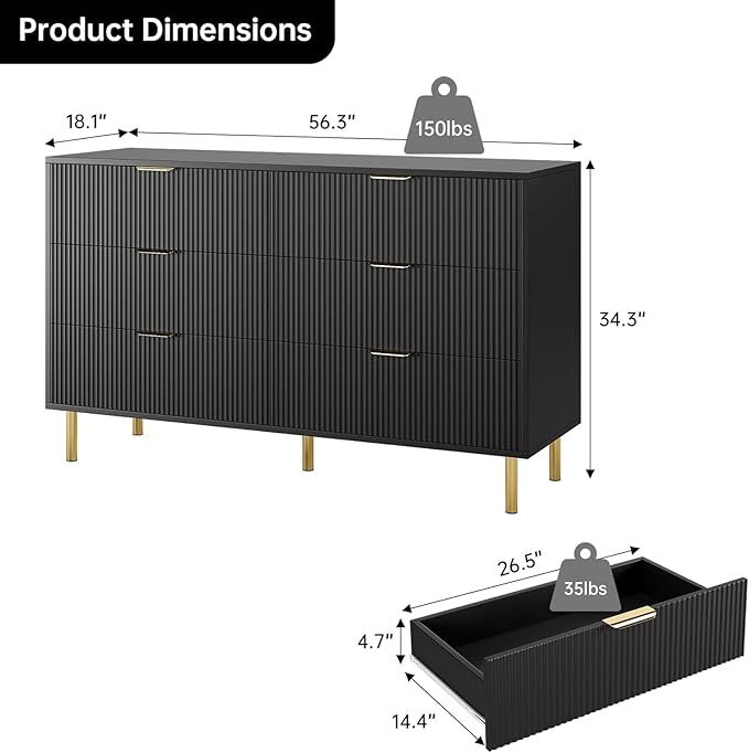 IDEALHOUSE Black Dresser, Modern 6 Drawer Dresser for Bedroom with Gold Handle and Large Drawer, Wood Double Chest of Drawers and Storage Organizer for Living Room, Hallway, Entryway