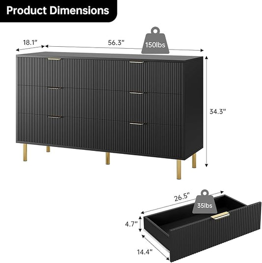 IDEALHOUSE Black Dresser, Modern 6 Drawer Dresser for Bedroom with Gold Handle and Large Drawer, Wood Double Chest of Drawers and Storage Organizer for Living Room, Hallway, Entryway