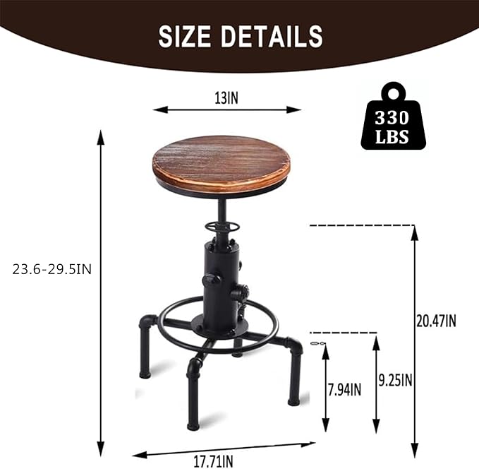 Vintage Industrial Bar Stools,Kitchen Counter Bar Stool Height Adjustable 23.6"-29.5" Swivel Bar Stool, Solid Wood Water Pipe Fire Cafe Pub Bar Stool,Set of 2, Black