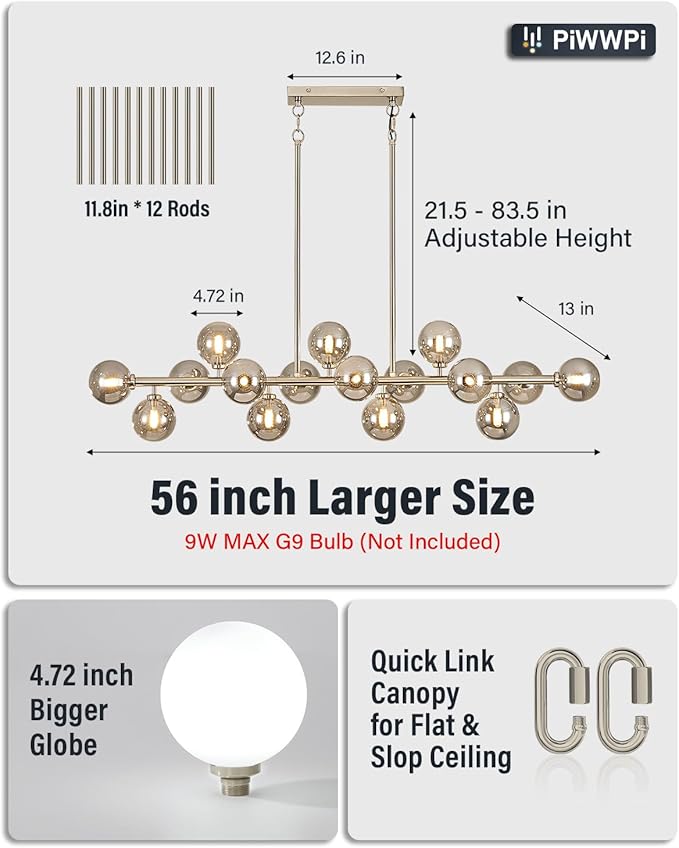 55" Long Chandeliers for Dining Room Kitchen Island, Large Globe Sputnik Linear Chandelier, 16 Lights Mid Century Modern Light Fixture Over Table, Nickel and Smoke Grey Bubble, GC-08