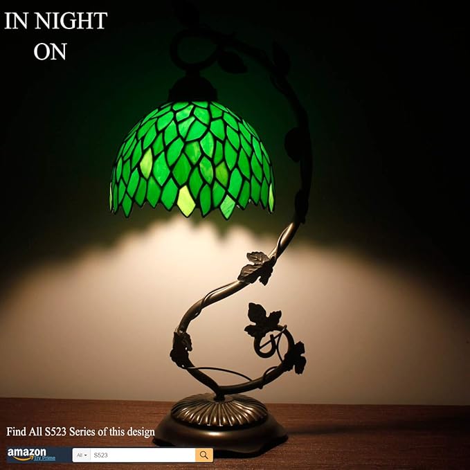 WERFACTORY Tiffany Style Lamp Green Wisteria Stained Glass Table Desk Reading Light, Metal Leaf Base 8X10X21 Inches Decor Small Space Bedroom Home Office S523 Series
