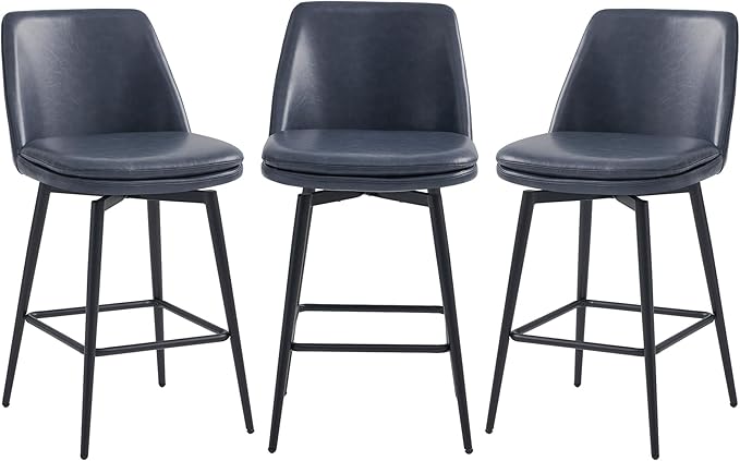 CHITA Swivel Bar Stools, 27.2" Counter Height Bar Stools Set of 3, FSC Certified Upholstered Modern Counter Stools, Metal Legs, Faux Leather, Blue